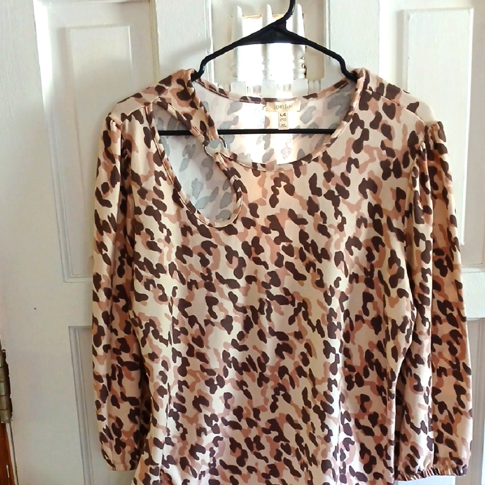 Tan and Brown Asymmetrical Cut Out Long Sleeve Blouse